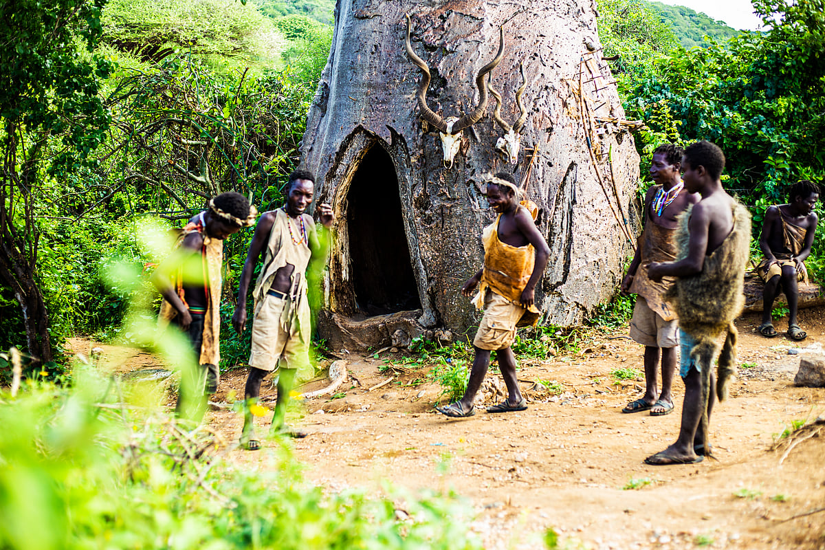 Members of the Hadzabe tribe around home in Karatu, Tanzania
