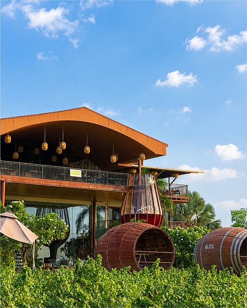 Stays here go from basic rooms to pool villas, with a few barrel cottages right by the vines