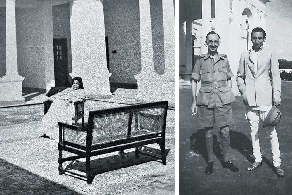Iftikhar Ali Khan Pataudi (right) outside the newly built palace in British-ruled India (1935); Sajida Sultan, Khan’s grandmother, soaking up the sun on the chabutra (1960)