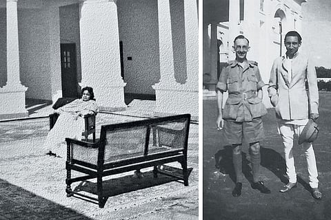 Iftikhar Ali Khan Pataudi (right) outside the newly built palace in British-ruled India (1935); Sajida Sultan, Khan’s grandmother, soaking up the sun on the chabutra (1960)