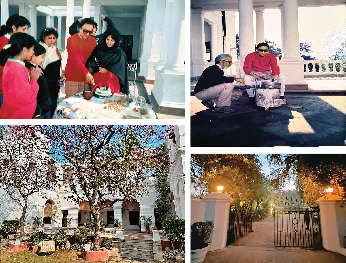 Clockwise from top left: Khan’s parents and sisters celebrating a birthday (1987); Tiger Pataudi (right) making kebabs (1987); the gates of the palace; the stillness of Pataudi brings the family together