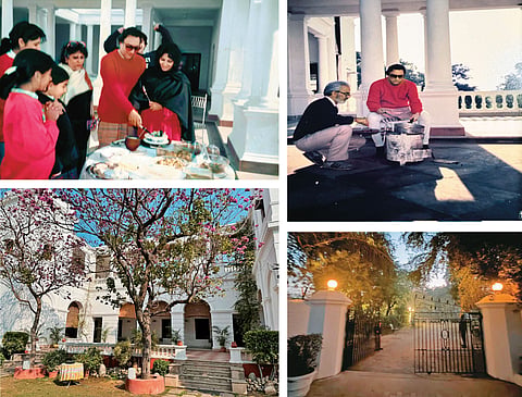 Clockwise from top left: Khan’s parents and sisters celebrating a birthday (1987); Tiger Pataudi (right) making kebabs (1987); the gates of the palace; the stillness of Pataudi brings the family together