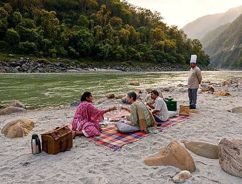 A sunset picnic personalised by the Neemrana Team at a hidden beach along the Ganges