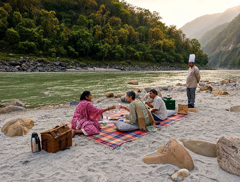 A sunset picnic personalised by the Neemrana Team at a hidden beach along the Ganges