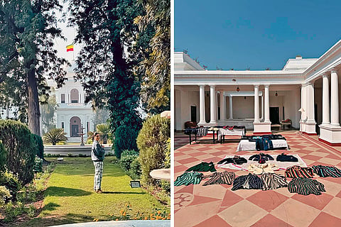 Left and right: Kareena at the Pataudi Palace, a home cherished across generations; Khan’s grandfather’s old cricket blazers laid out on the chabutra