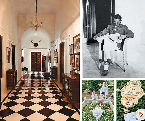 Clockwise from left: The corridors of Pataudi have decades of stories to tell; Sr. Pataudi reading a newspaper (1945); Tiger Pataudi’s grave, with family paying their respects