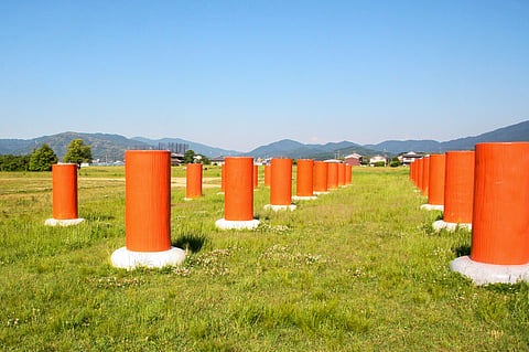Vermilion pillars mark the historic remains of Fujiwara Palace