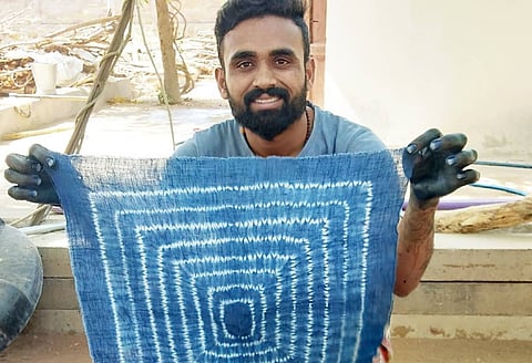 Vankar Chetan has been experimenting with designs, including the fusion of Bhujodi weaving with prints like Bandhani.
