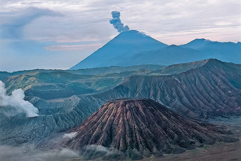 East Java/Indonesia: Mount Bromo, the active volcano in East Java, rises from a vast caldera and remains one of Indonesia’s most visited mountain landscapes