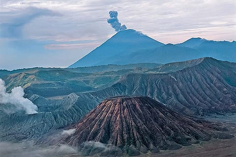 East Java/Indonesia: Mount Bromo, the active volcano in East Java, rises from a vast caldera and remains one of Indonesia’s most visited mountain landscapes