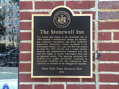 Plaque at the Stonewall Inn commemorating the Stonewall Riots