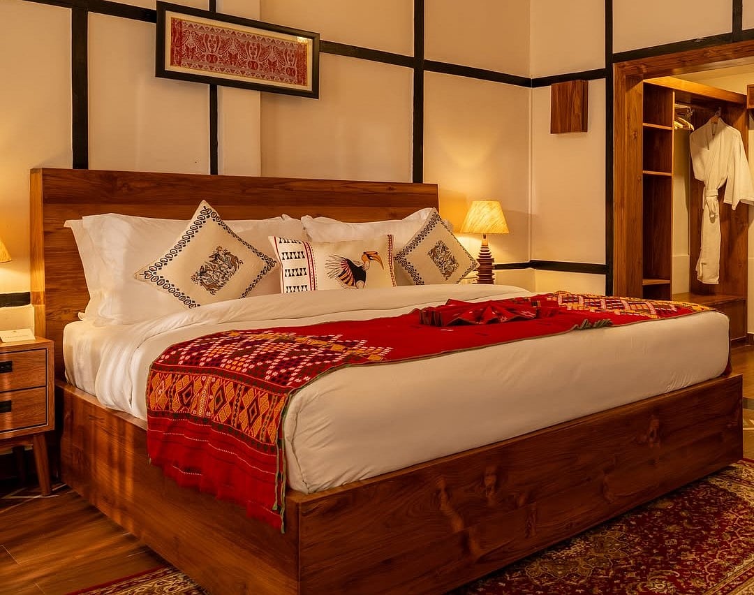 kaziranga_heritage/Instagram : Rooms have handcrafted Assamese details and soaring ceilings 