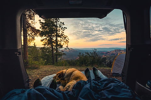 Camping in a tent in the hills