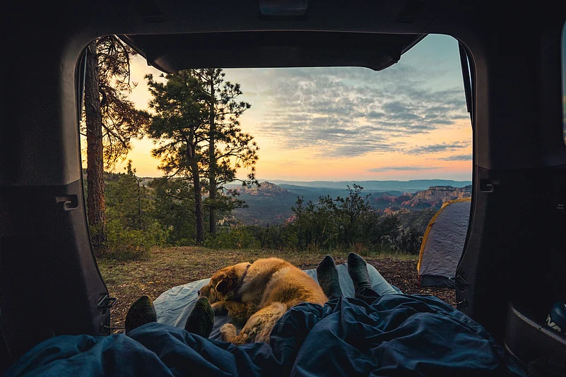 Camping in a tent in the hills