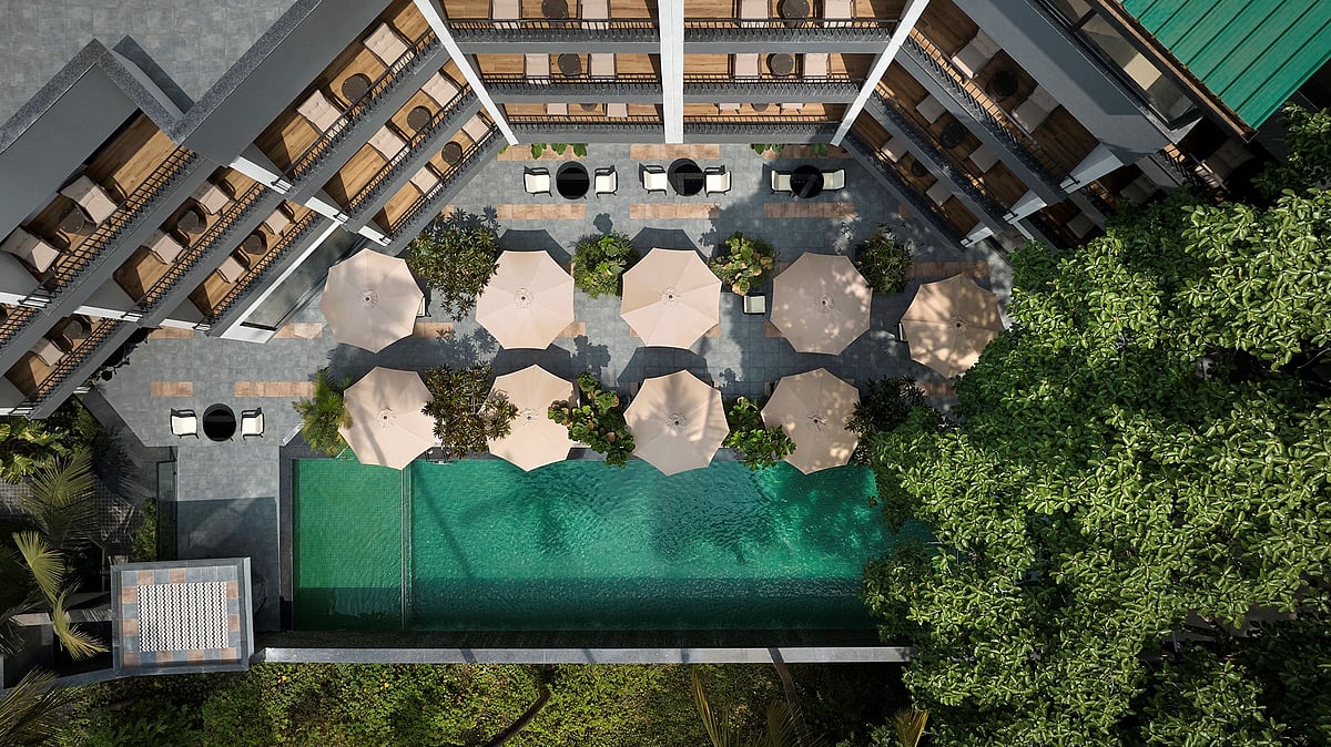 An aerial view of the outdoor pool at Spark by Hilton Goa Calangute