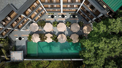 An aerial view of the outdoor pool at Spark by Hilton Goa Calangute