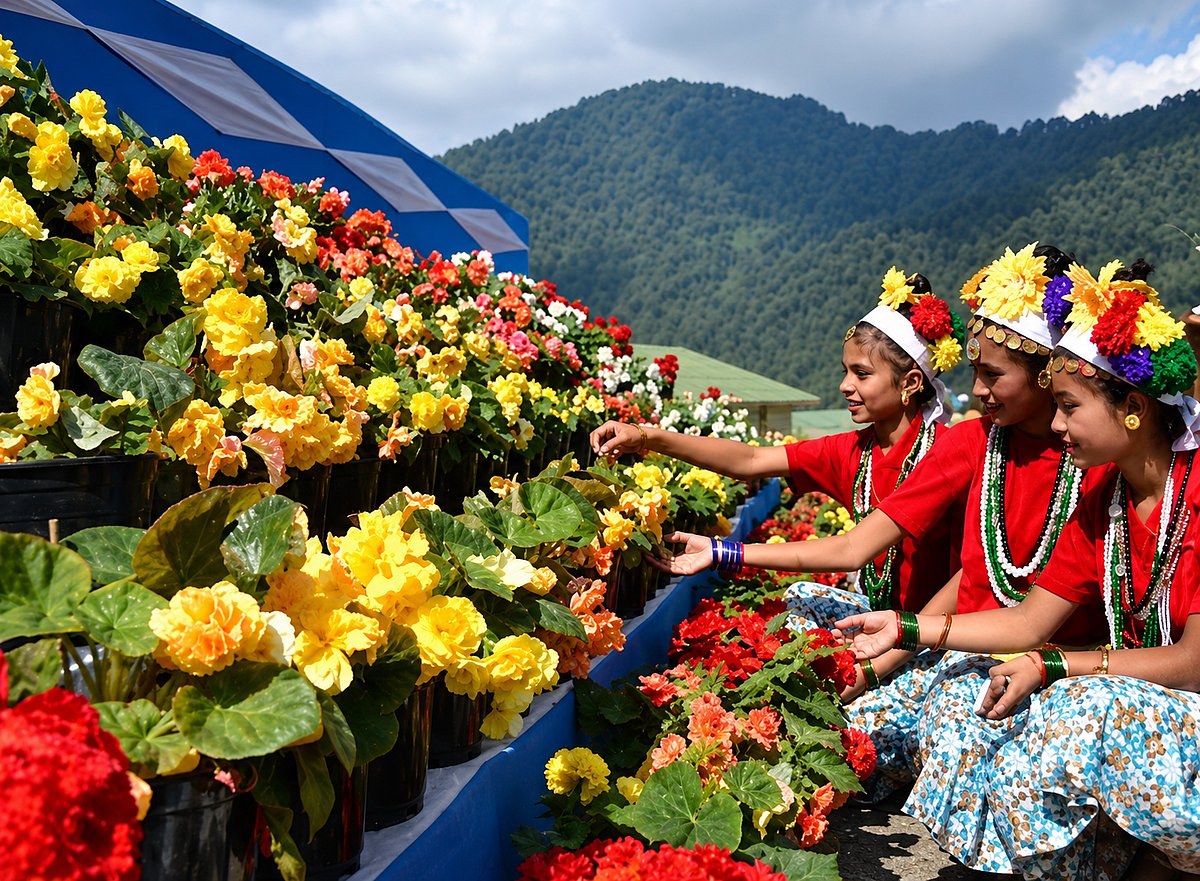 Phool Dei celebrations in Uttarakhand, where children decorate doorsteps with fresh spring flowers while singing traditional blessings for happiness and a bountiful harvest.
