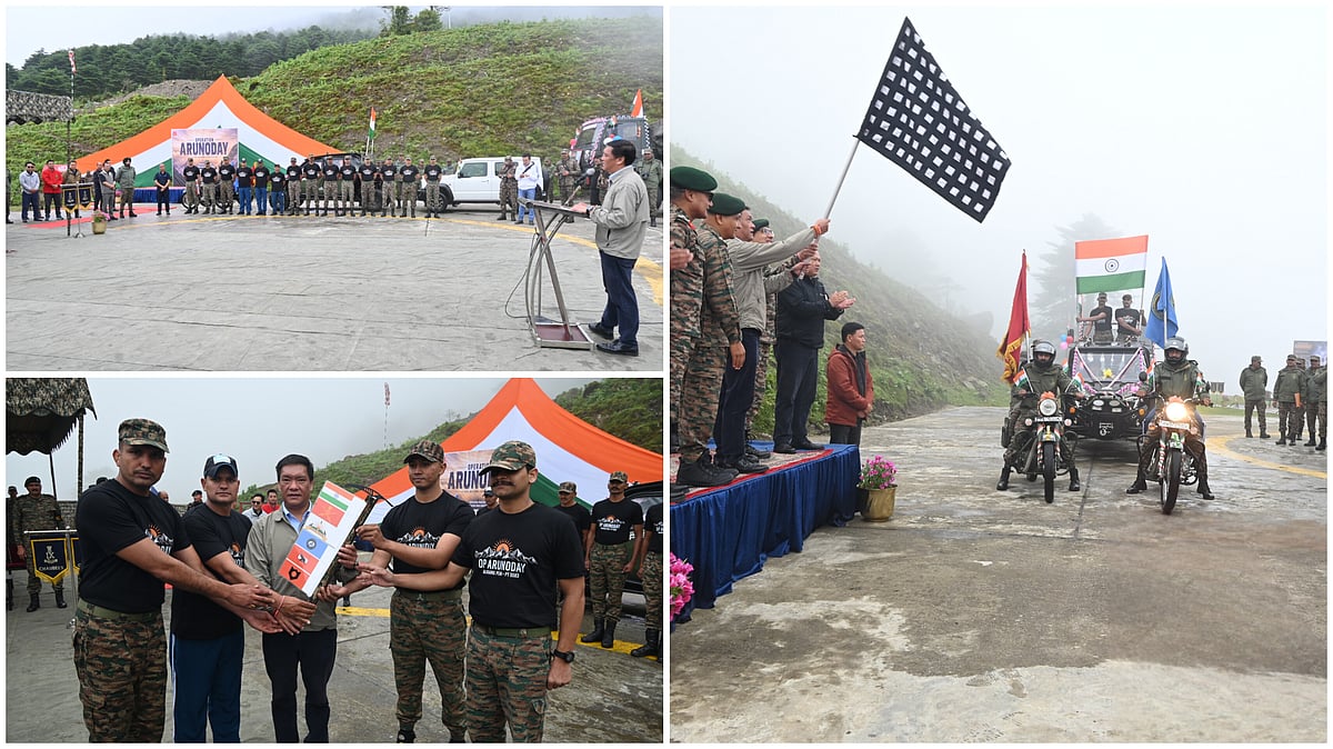 Op Arunoday being flagged off from Jaswantgarh War Memorial in Arunachal Pradesh, marking the start of an initiative to develop the Thingbu-Bajrang Peak trekking route