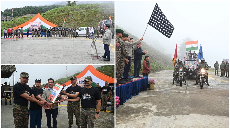 Op Arunoday being flagged off from Jaswantgarh War Memorial in Arunachal Pradesh, marking the start of an initiative to develop the Thingbu-Bajrang Peak trekking route