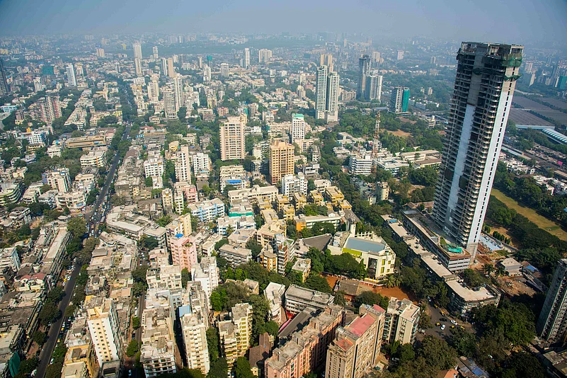 Aerial view of Mumbais skyline and bustling cityscape