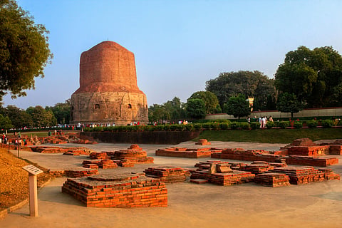 The Dhamekh Stupa stands at the heart of Sarnath's archaeological landscape