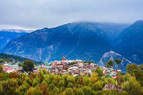A panoramic view of Kalpa and the Kinnaur Kailash range