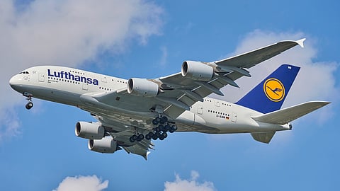 A Lufthansa Airbus A380 arriving at New York's JFK Airport