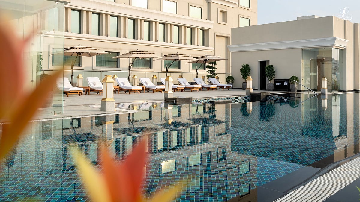The rooftop pool at The Leela Hyderabad overlooks Banjara Hills