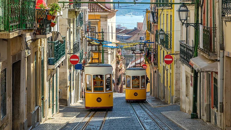 The historic Elevador da Glória funicular connects Restauradores Square to Bairro Alto. It has been a symbol of Lisbon since 1885.