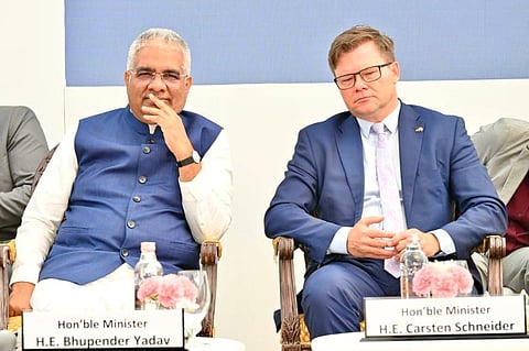 Union Minister for Environment, Forest and Climate Change, Government of India Bhupender Yadav (L); German Federal Minister for Environment, Climate Action, Nature Conservation and Nuclear Safety Carsten Schneider (R)