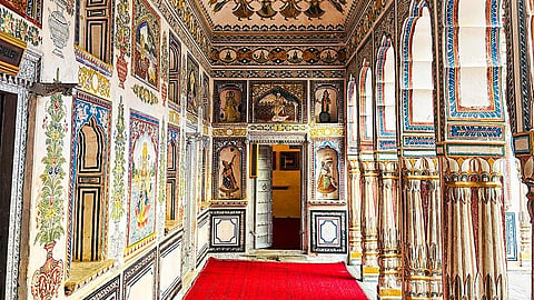 Colourful frescoes adorn a historic Shekhawati haveli