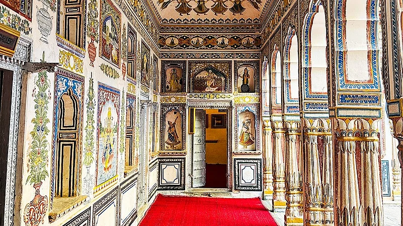 Colourful frescoes adorn a historic Shekhawati haveli