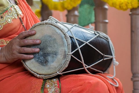Traditional dholak used in Rajasthani folk music