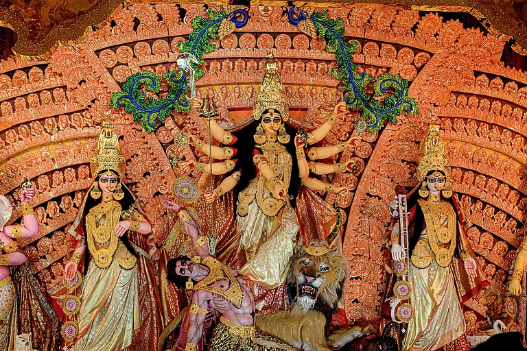 Durga idol inside a decorated pandal in Kolkata - Shutterstock