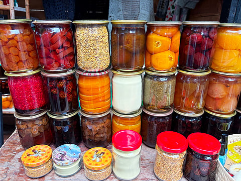 Souvenirs including pine cone jam