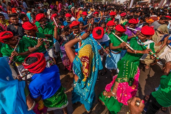 Bhagoria dancers celebrate to the rhythm of drums during the festival
