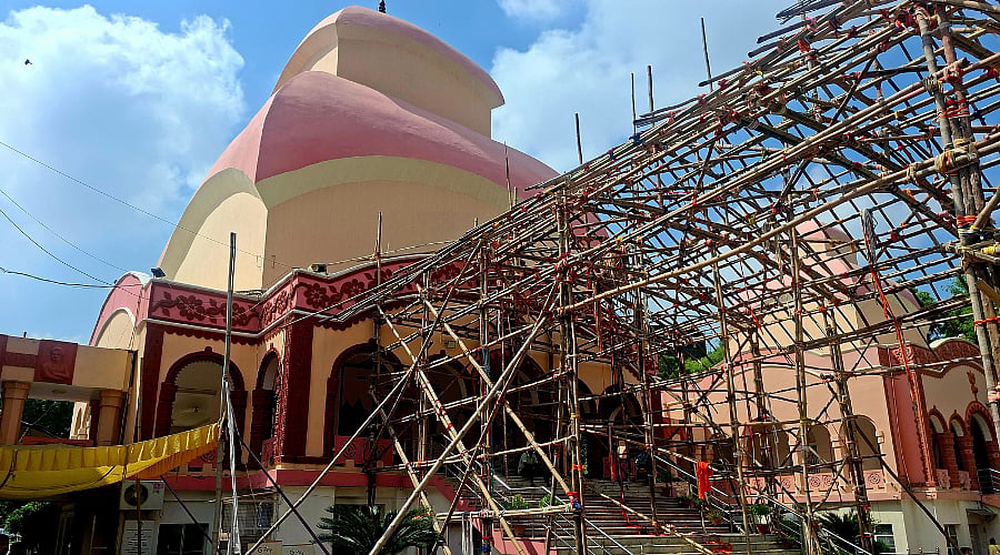 The bamboo structure of the pandal being made