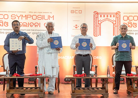 L-R Shri Siddhartha Mohanty, Director, MGM Foundation & Member, OCO Advisory Board, Guest of Honour-Shri Rajeev Sethi, Indian Designer & Scenographer Padma Bhushan Awardee, Chief Guest -Shri Vishal Kumar Dev, IAS Additional Chief Secretary, Energy and E&IT Departments, Government of Odisha and Shri Charudutta Panigrahi, Cultural Policy Thinker
