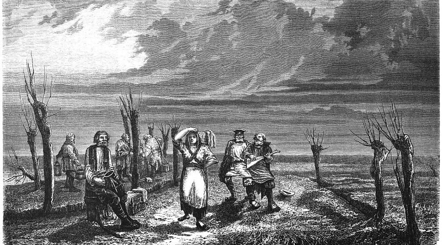 A 19th century engraving by Dessin de dHenriet depicting kvass vendors in Livonia