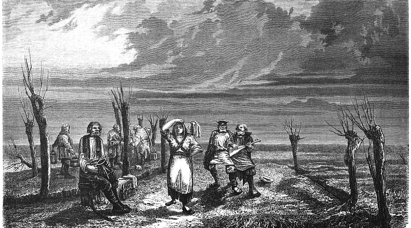 A 19th century engraving by Dessin de dHenriet depicting kvass vendors in Livonia
