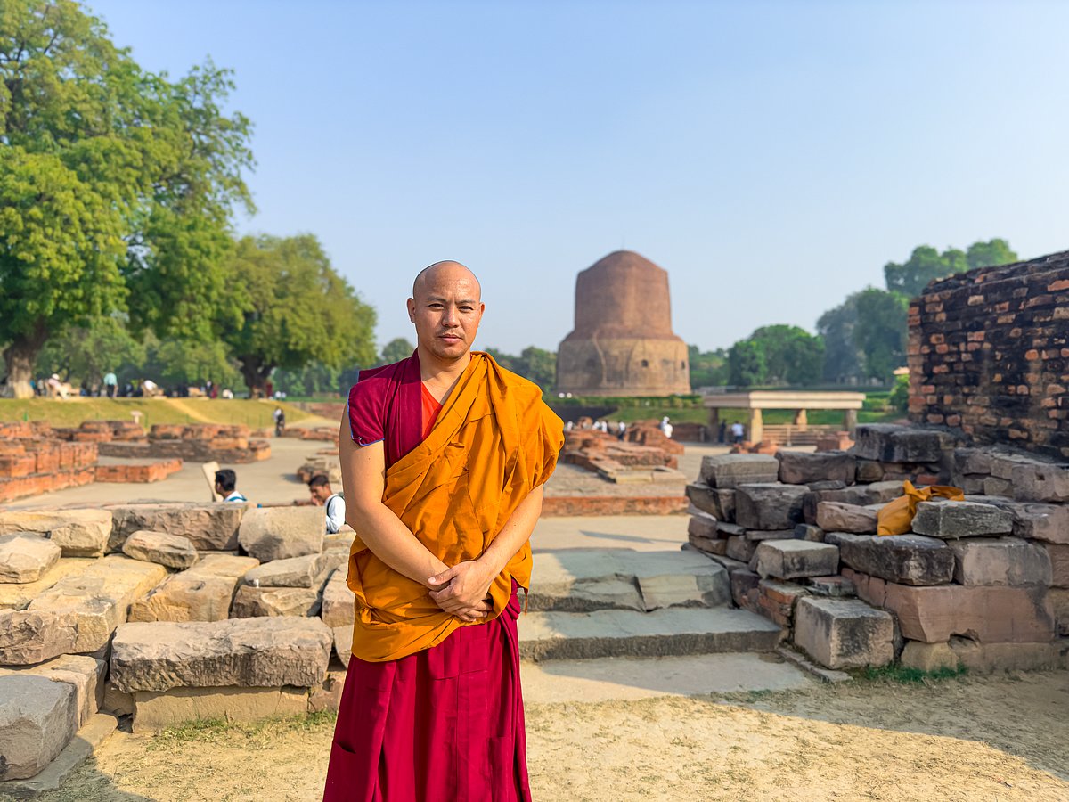 At Sarnath, with the Dhamek Stupa in view