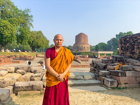 At Sarnath, with the Dhamek Stupa in view