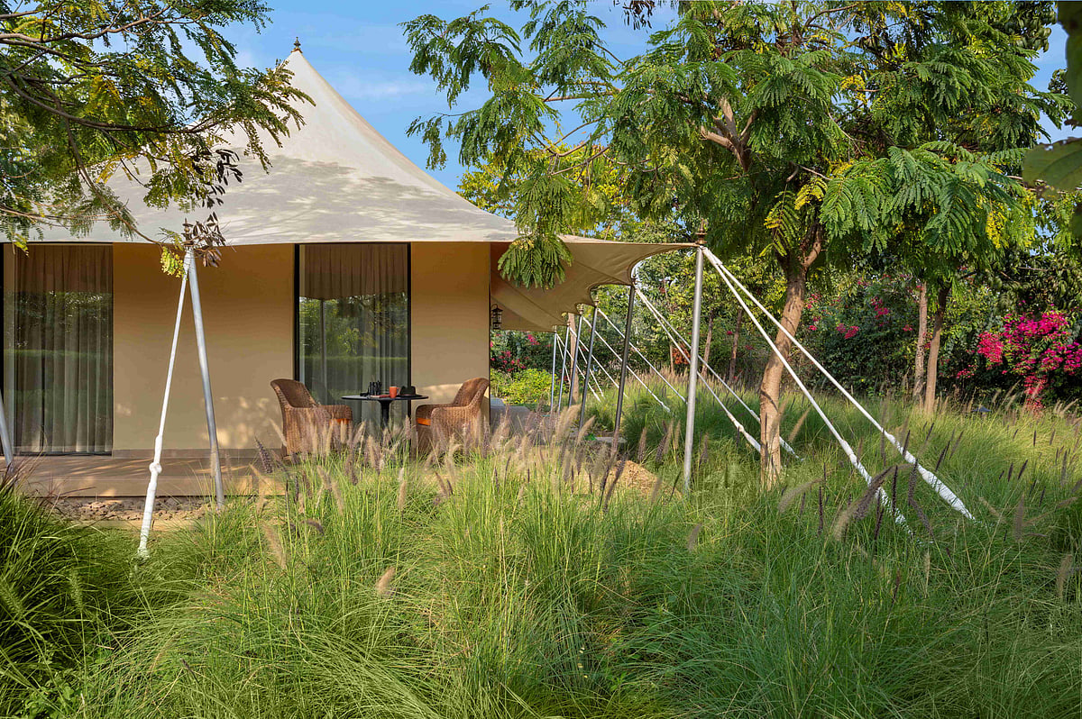 A luxury tent view from the Private Garden at The Oberoi Vindhyavilas Wildlife Resort, Bandhavgarh
