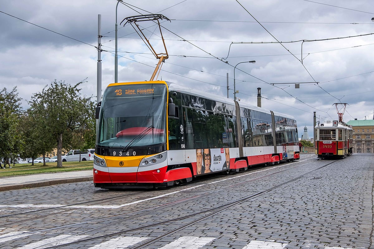 Trams run through the streets of Prague