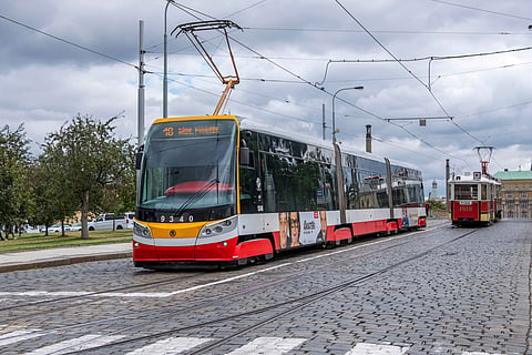 Trams run through the streets of Prague