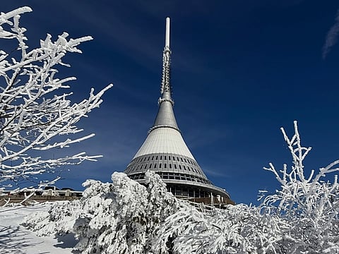Hotel Ještěd during snowfall