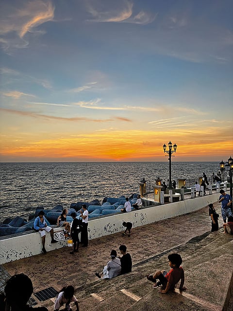 The promenade overlooking the East China Sea in Chatan during a beautiful sunset