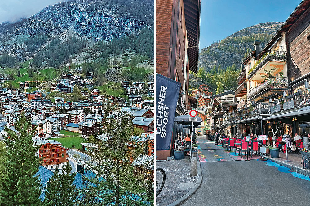 (L-R) The village of Zermatt sits amidst steep alpine slopes; Zermatt Bahnhofstrasse is the main shopping street in Zermatt