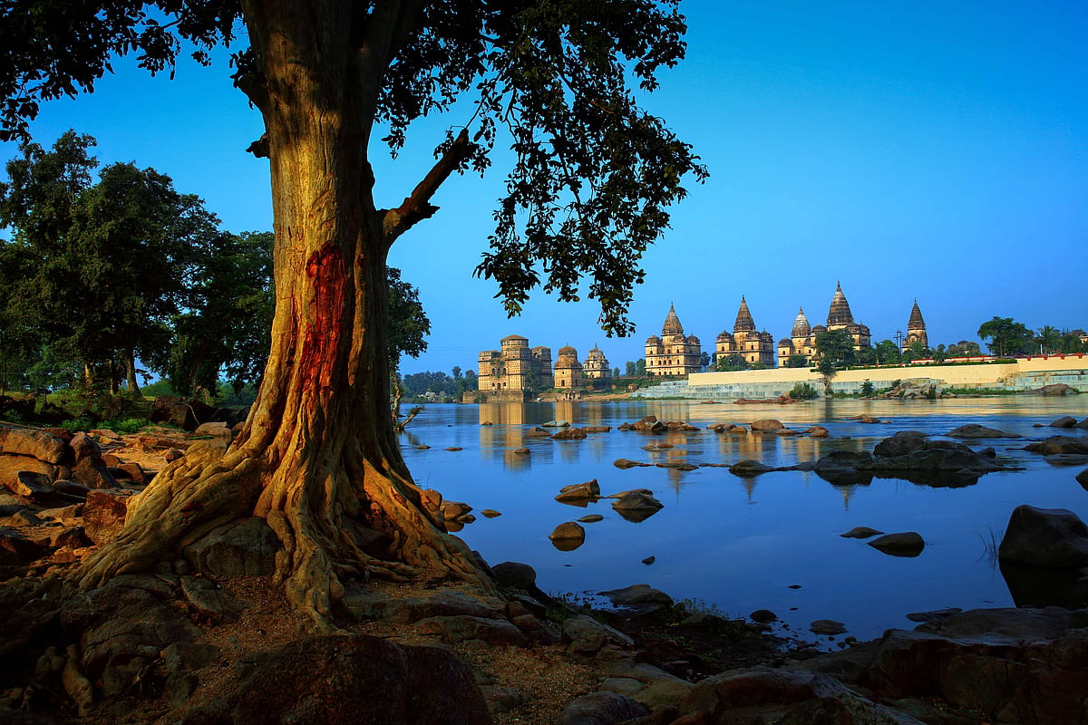 View of Royal cenotaphs (Chhatris) of Orchha over Betwa river