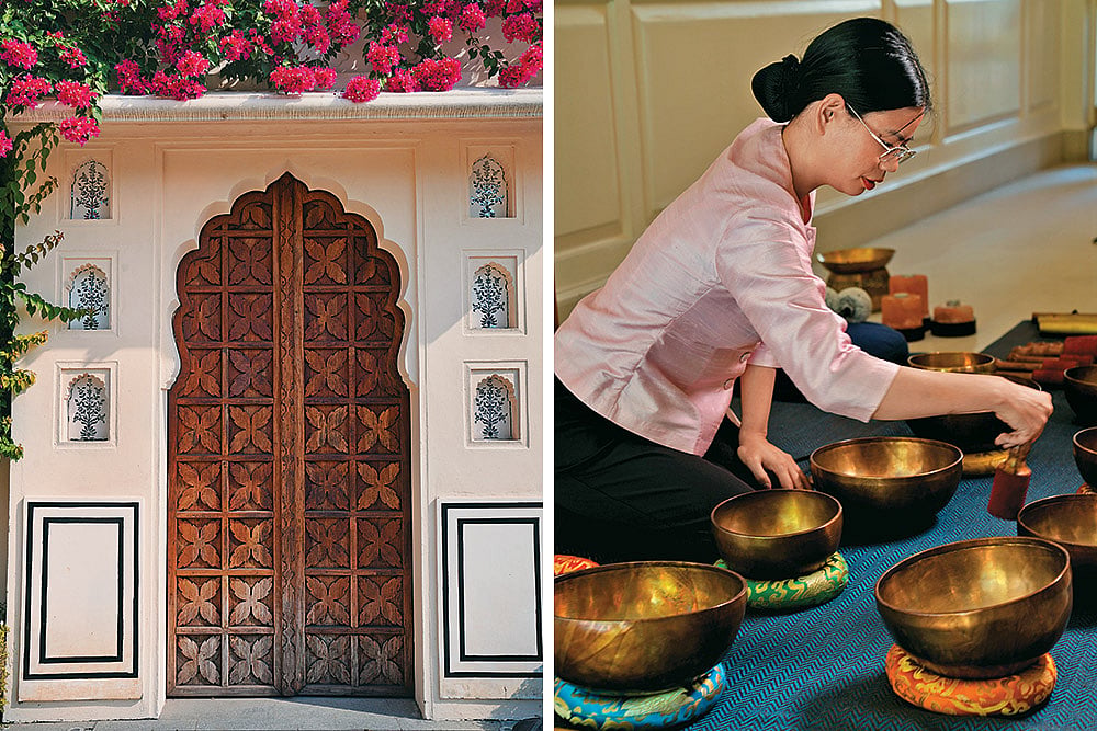 (L-R) An intricately carved doorway; finding stillness through the sound of singing bowls